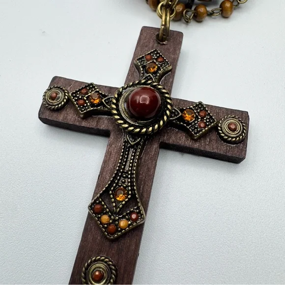 Vintage Rustic Boho Cross Statement Necklace Tiger Eye - Picture 14 of 15